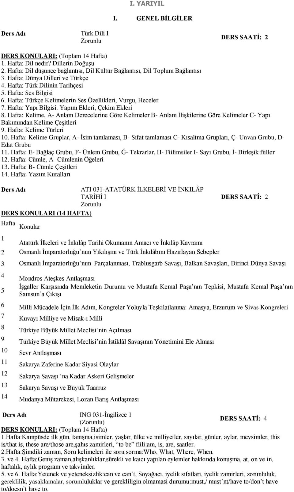 Hafta: Kelime, A- Anlam Derecelerine Göre Kelimeler B- Anlam İlişkilerine Göre Kelimeler C- Yapı Bakımından Kelime Çeşitleri 9. Hafta: Kelime Türleri 10.