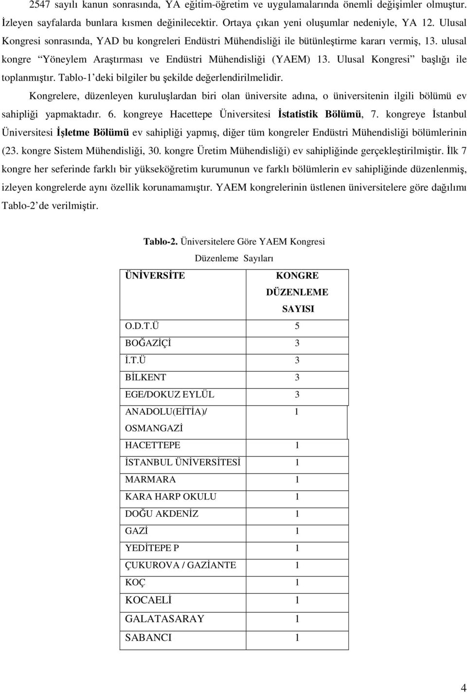 Ulusal Kongresi başlığı ile toplanmıştır. Tablo-1 deki bilgiler bu şekilde değerlendirilmelidir.