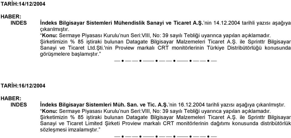 TARİH:16/12/2004 İndeks Bilgisayar Sistemleri Müh. San. ve Tic. A.Ş. nin 16.12.2004 tarihli yazısı aşağıya Şirketimizin % 85 iştiraki bulunan Datagate Bilgisayar Malzemeleri Ticaret A.