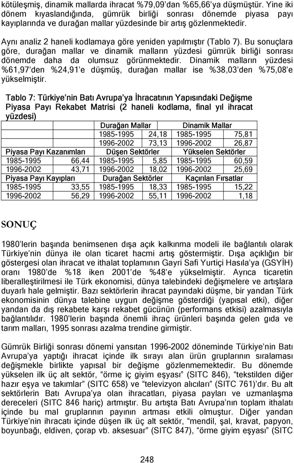 Aynı analiz 2 haneli kodlamaya göre yeniden yapılmıştır (Tablo 7). Bu sonuçlara göre, durağan mallar ve dinamik malların yüzdesi gümrük birliği sonrası dönemde daha da olumsuz görünmektedir.