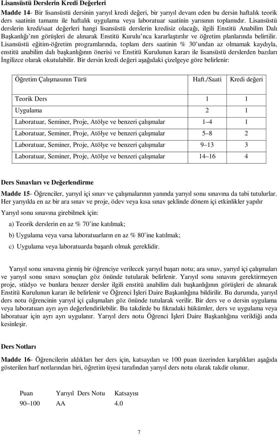 Lisansüstü derslerin kredi/saat de erleri hangi lisansüstü derslerin kredisiz olaca, ilgili Enstitü Anabilim Dal Ba kanl n n görü leri de al narak Enstitü Kurulu nca kararla r ve ö retim planlar nda