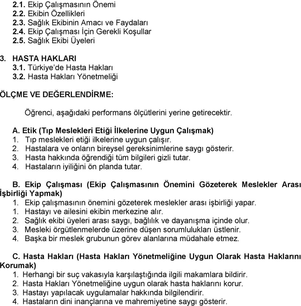 Tıp meslekleri etiği ilkelerine uygun çalışır. 2. Hastalara ve onların bireysel gereksinimlerine saygı gösterir. 3. Hasta hakkında öğrendiği tüm bilgileri gizli tutar. 4.