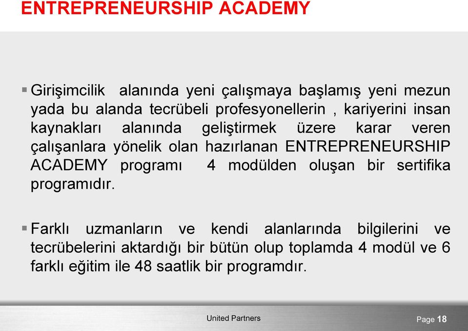 ENTREPRENEURSHIP ACADEMY programı 4 modülden oluşan bir sertifika programıdır.