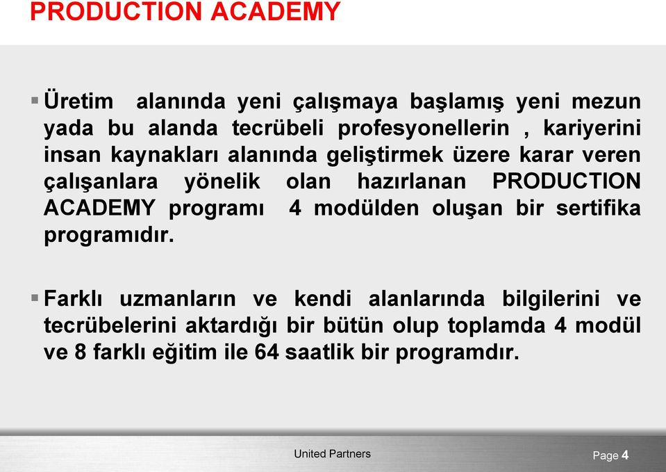 ACADEMY programı 4 modülden oluşan bir sertifika programıdır.