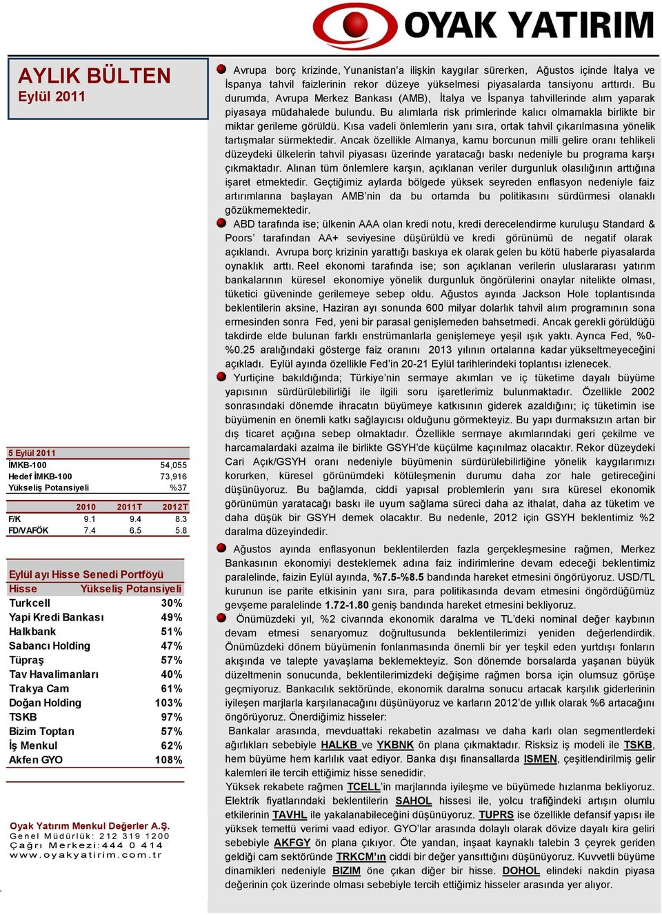 TSKB 97% Bizim Toptan 57% İş Menkul 62% Akfen GYO 108% Oyak Yatırım Menkul Değerler A.Ş. G e n e l M ü d ü r l ü k : 2 1 2 3 1 9 1 2 0 0 Ç a ğ r ı M e r k e z i : 4 4 4 0 4 1 4 w w w.