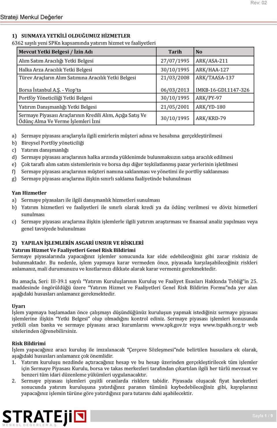 - Viop ta 21/03/2008 06/03/2013 ARK/TAASA-137 Portföy Yöneticiliği Yetki Belgesi 30/10/1995 ARK/PY-97 IMKB-16-GDI.