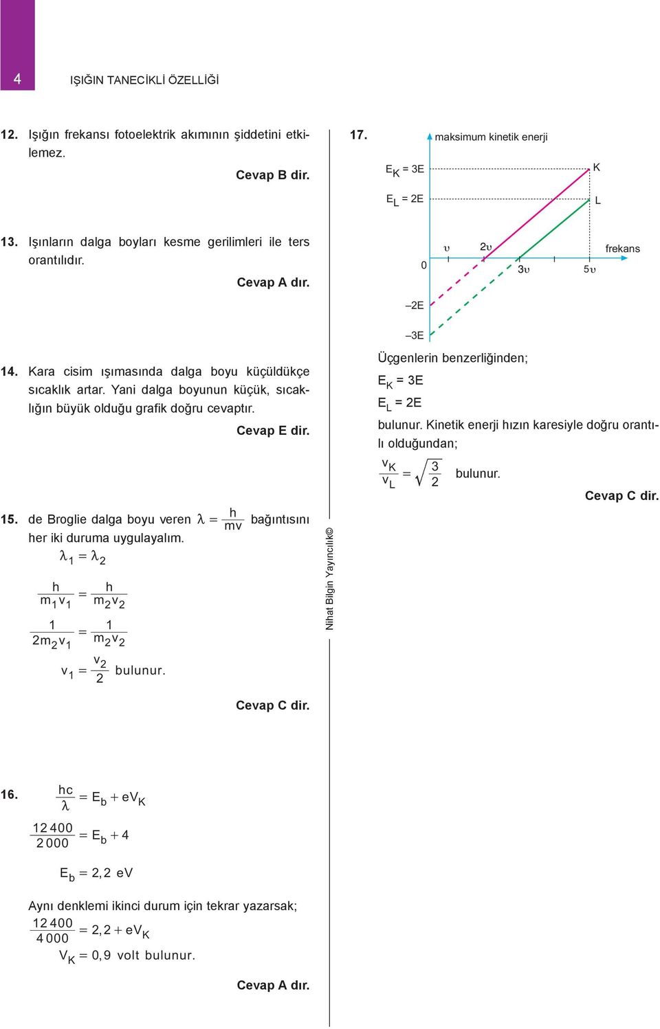 Yani dalga boyunun küçük, sıcaklığın büyük olduğu grafik doğru cevaptır. 1. de Broglie dalga boyu veren er iki durua uygulayalı. 1 v 1 1 v 1 1 v v 1 v v1 bulunur.