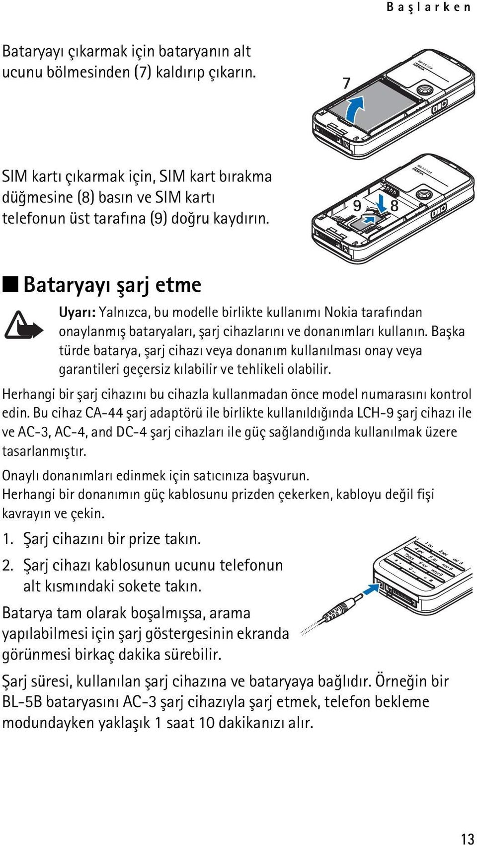 Bataryayý þarj etme Uyarý: Yalnýzca, bu modelle birlikte kullanýmý Nokia tarafýndan onaylanmýþ bataryalarý, þarj cihazlarýný ve donanýmlarý kullanýn.