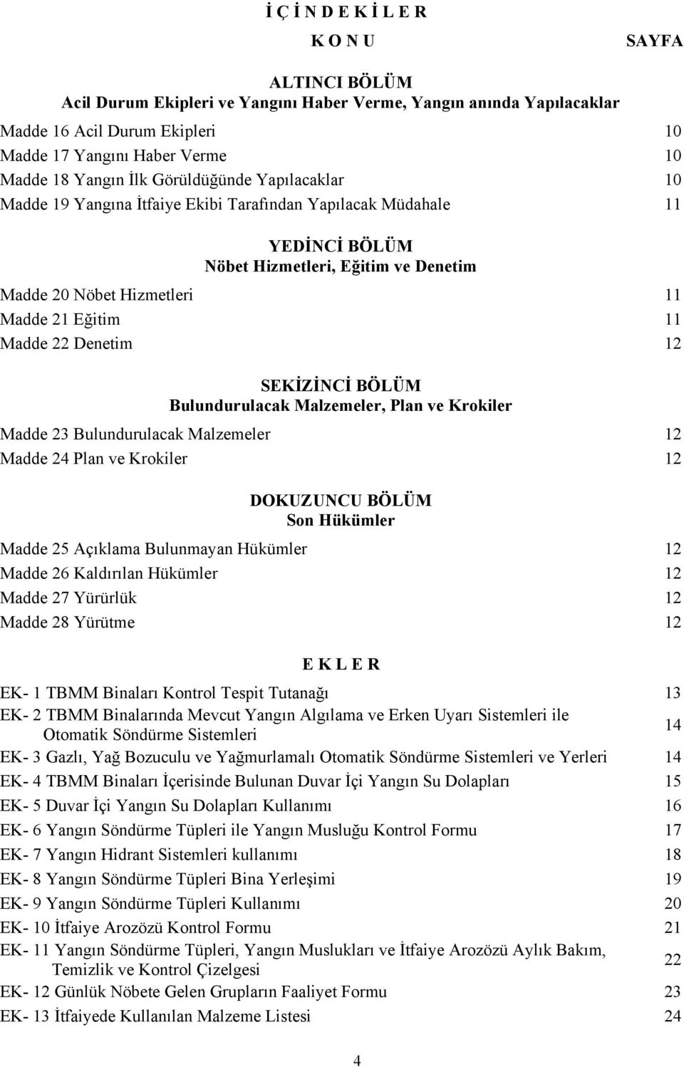 11 Madde 22 Denetim 12 SEKİZİNCİ BÖLÜM Bulundurulacak Malzemeler, Plan ve Krokiler Madde 23 Bulundurulacak Malzemeler 12 Madde 24 Plan ve Krokiler 12 DOKUZUNCU BÖLÜM Son Hükümler Madde 25 Açıklama