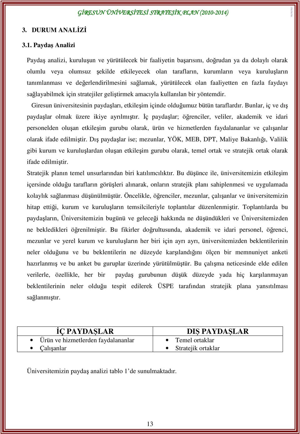 Paydaş Analizi Paydaş analizi, kuruluşun ve yürütülecek bir faaliyetin başarısını, doğrudan ya da dolaylı olarak olumlu veya olumsuz şekilde etkileyecek olan tarafların, kurumların veya kuruluşların