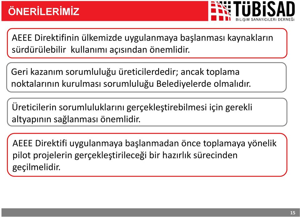 Geri kazanım sorumluluğu üreticilerdedir; ancak toplama noktalarının kurulması sorumluluğu Belediyelerde olmalıdır.