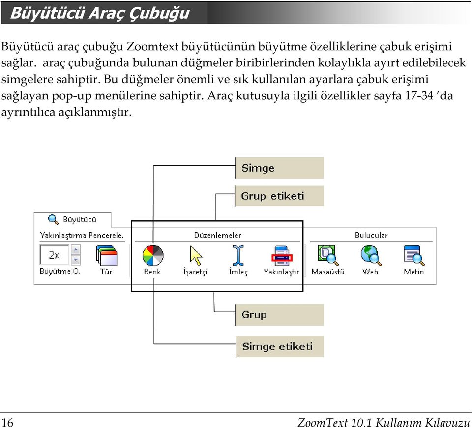 araç çubuğunda bulunan düğmeler biribirlerinden kolaylıkla ayırt edilebilecek simgelere sahiptir.