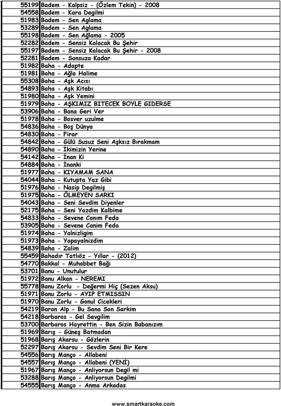 AŞKIMIZ BITECEK BOYLE GIDERSE 53906 Baha - Bana Geri Ver 51978 Baha - Bosver uzulme 54836 Baha - Boş Dünya 54830 Baha - Firar 54842 Baha - Gülü Susuz Seni Aşksız Bırakmam 54890 Baha - İkimizin Yerine