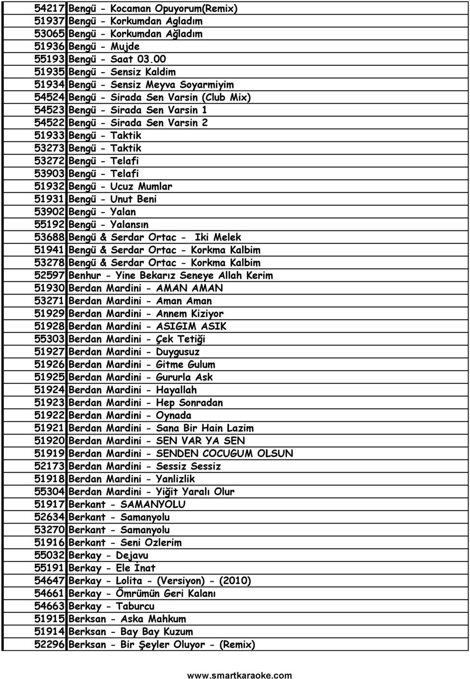 Taktik 53273 Bengü - Taktik 53272 Bengü - Telafi 53903 Bengü - Telafi 51932 Bengü - Ucuz Mumlar 51931 Bengü - Unut Beni 53902 Bengü - Yalan 55192 Bengü - Yalansın 53688 Bengü & Serdar Ortac - Iki