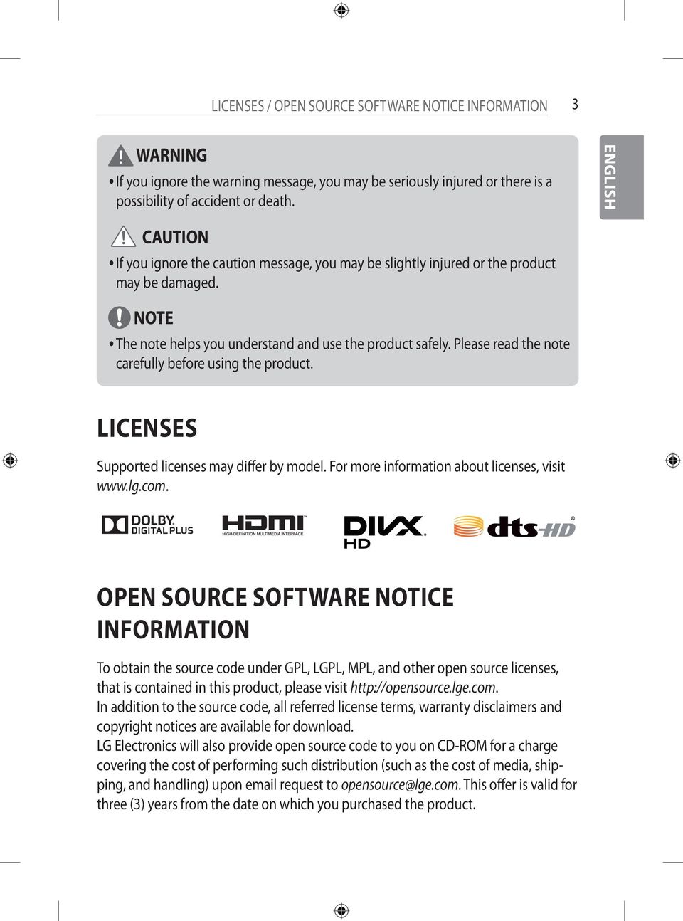 Please read the note carefully before using the product. LICENSES Supported licenses may differ by model. For more information about licenses, visit www.lg.com.