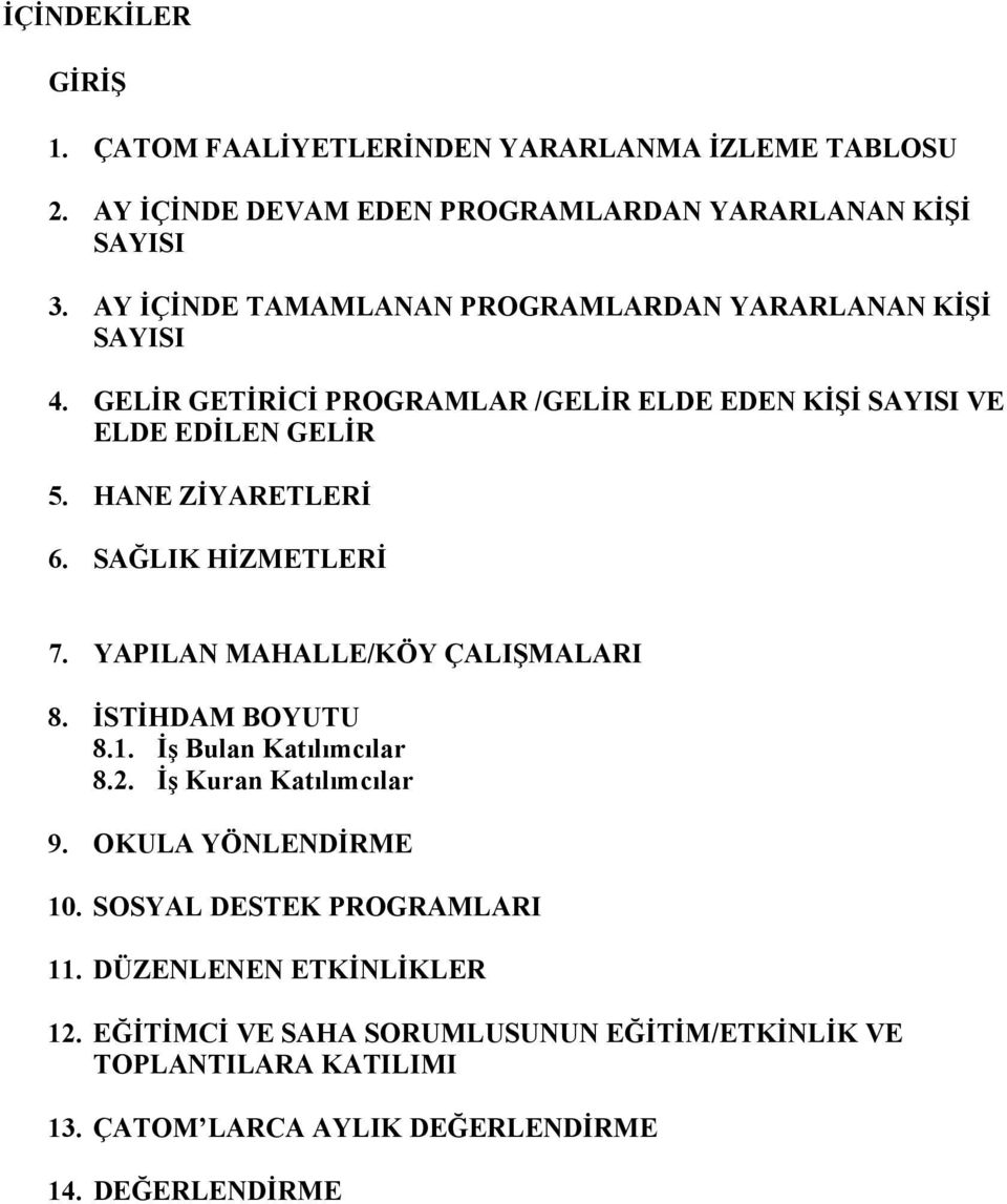 HANE ZĐYARETLERĐ 6. SAĞLIK HĐZMETLERĐ 7. YAPILAN MAHALLE/KÖY ÇALIŞMALARI 8. ĐSTĐHDAM BOYUTU 8.1. Đş Bulan Katılımcılar 8.2. Đş Kuran Katılımcılar 9.