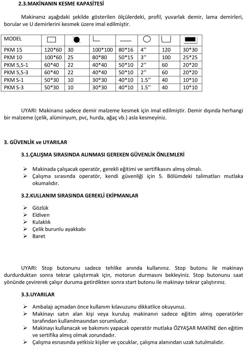 40*10 1.5 40 10*10 PKM S-3 50*30 10 30*30 40*10 1.5 40 10*10 UYARI: Makinanız sadece demir malzeme kesmek için imal edilmiştir.