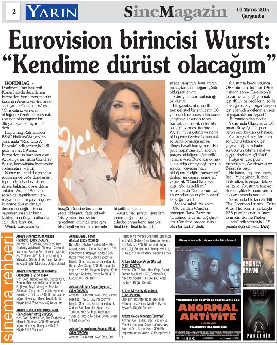 Kopenhag Refshaleöen B&W Hallerne de yap lan yar flmada Rise Like A Phoenix adl flark s yla 290 puan alarak 59 uncu Eurovision un kazanan olan Avusturya temsilcisi Conchita Wurst, kazand na inanmakta