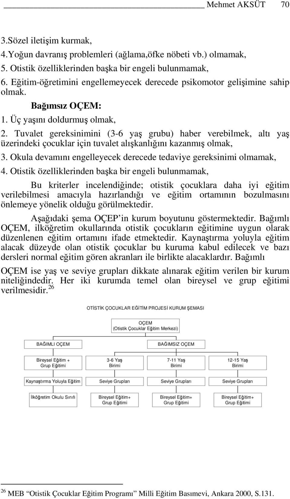 Tuvalet gereksinimini (3-6 yaş grubu) haber verebilmek, altı yaş üzerindeki çocuklar için tuvalet alışkanlığını kazanmış olmak, 3. Okula devamını engelleyecek derecede tedaviye gereksinimi olmamak, 4.