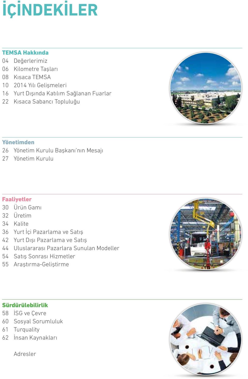 Gamı 32 Üretim 34 Kalite 36 Yurt İçi Pazarlama ve Satış 42 Yurt Dışı Pazarlama ve Satış 44 Uluslararası Pazarlara Sunulan Modeller 54