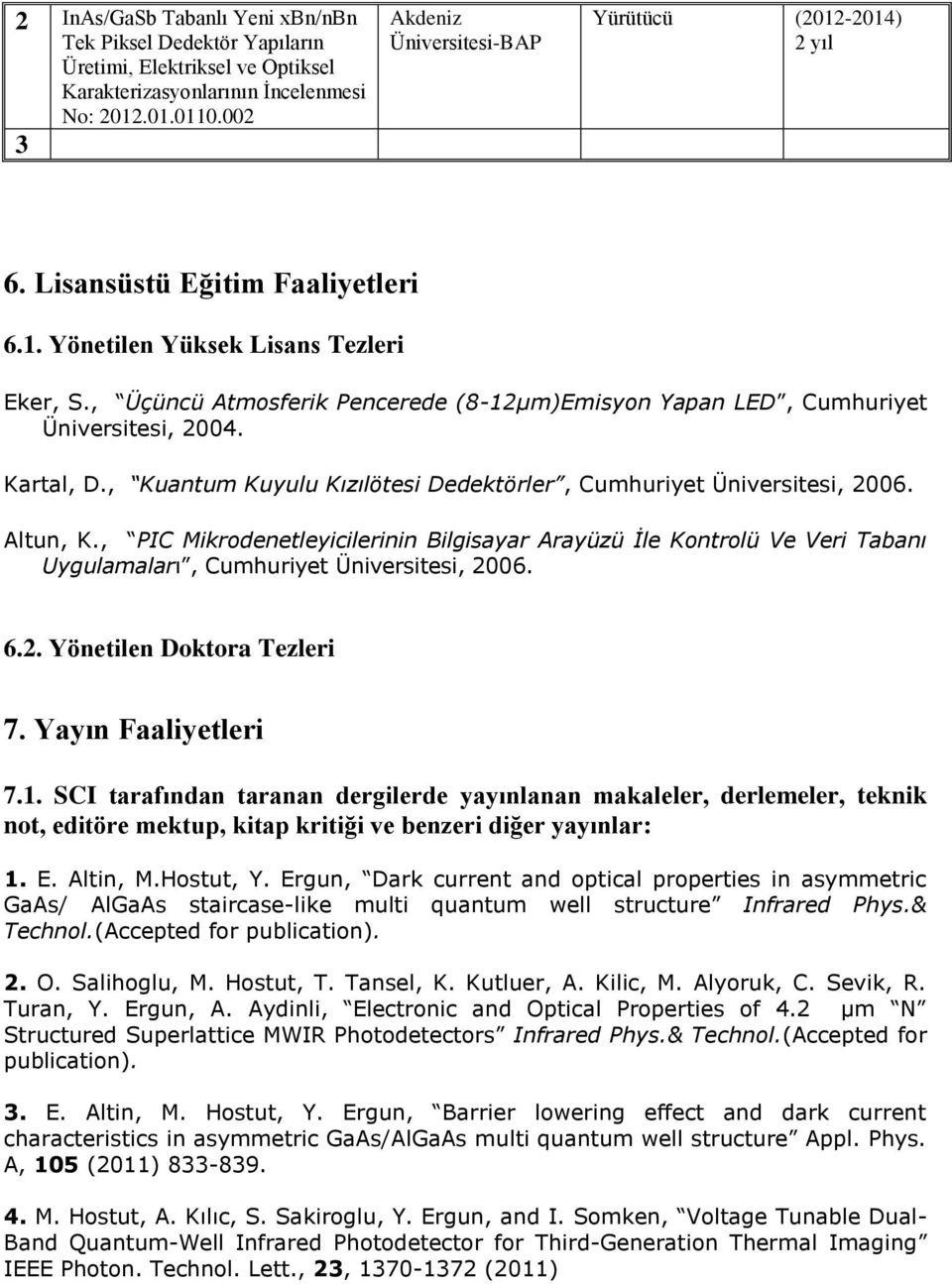 , Üçüncü Atmosferik Pencerede (8-12µm)Emisyon Yapan LED, Cumhuriyet Üniversitesi, 2004. Kartal, D., Kuantum Kuyulu Kızılötesi Dedektörler, Cumhuriyet Üniversitesi, 2006. Altun, K.