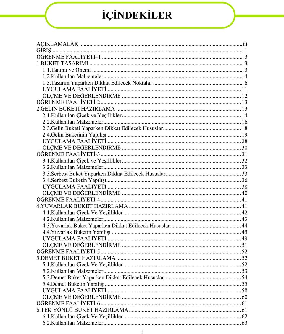 .. 18 2.4.Gelin Buketinin Yapılışı... 19 UYGULAMA FAALİYETİ... 28 ÖLÇME VE DEĞERLENDİRME... 30 ÖĞRENME FAALİYETİ-3... 31 3.1.Kullanılan Çiçek ve Yeşillikler... 32 3.2.Kullanılan Malzemeler... 33 3.3.Serbest Buket Yaparken Dikkat Edilecek Hususlar.