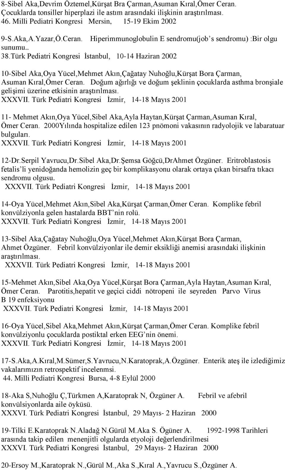 Türk Pediatri Kongresi İstanbul, 10-14 Haziran 2002 10-Sibel Aka,Oya Yücel,Mehmet Akın,Çağatay Nuhoğlu,Kürşat Bora Çarman, Asuman Kıral,Ömer Ceran.