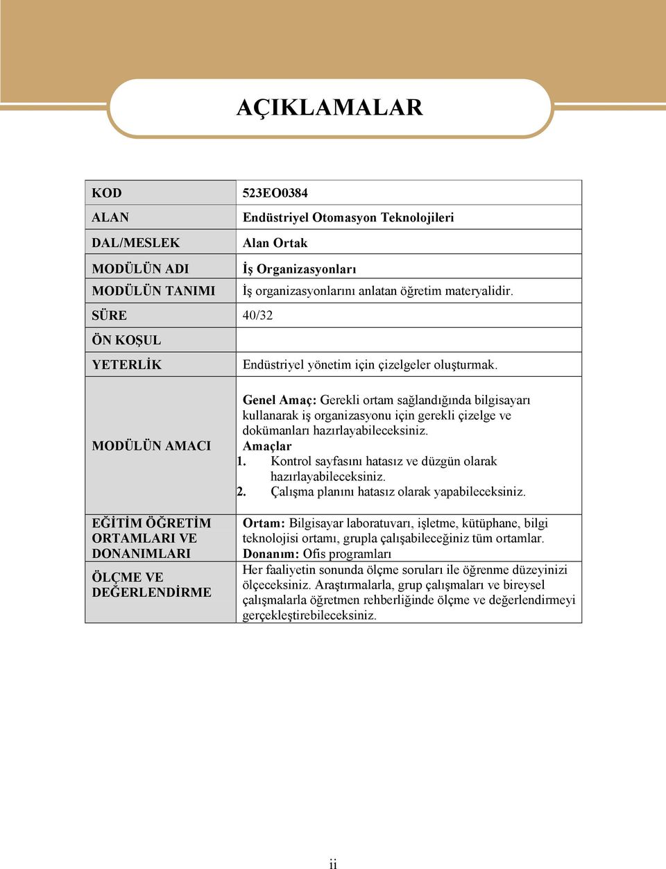 MODÜLÜN AMACI EĞİTİM ÖĞRETİM ORTAMLARI VE DONANIMLARI ÖLÇME VE DEĞERLENDİRME Genel Amaç: Gerekli ortam sağlandığında bilgisayarı kullanarak iş organizasyonu için gerekli çizelge ve dokümanları