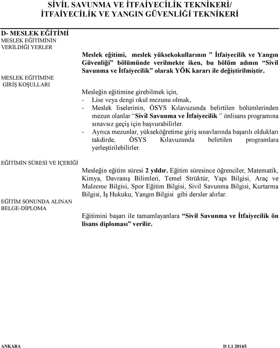 Mesleğin eğitimine girebilmek için, - Lise veya dengi okul mezunu olmak, - Meslek liselerinin, ÖSYS Kılavuzunda belirtilen bölümlerinden mezun olanlar Sivil Savunma ve İtfaiyecilik önlisans