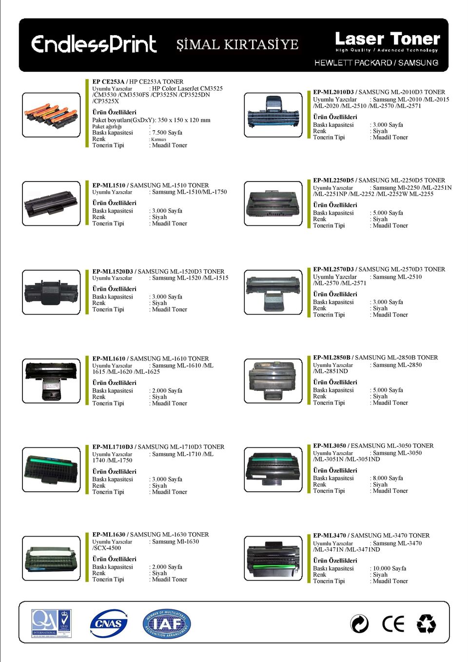 ML-1510/ML-1750 EP-ML2250D5 / SAMSUNG ML-2250D5 TONER Uyumlu Yazıcılar : Samsung Ml-2250 /ML-2251N /ML-2251NP /ML-2252 /ML-2252W ML-2255 : 5.