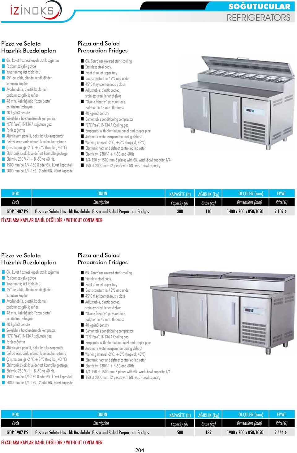 wash-bowl capacity Capacity (lt) Gross (kg) GDP 1407 PS Pizza ve Salata Hazırlık Buzdolabı- Pizza and Salad Preparaion Fridges 300 110 1400 x 700 x 850/1050 2.