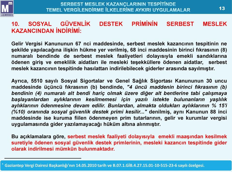 verilmiş, 68 inci maddesinin birinci fıkrasının (8) numaralı bendinde de serbest meslek faaliyetleri dolayısıyla emekli sandıklarına ödenen giriş ve emeklilik aidatları ile mesleki teşekküllere