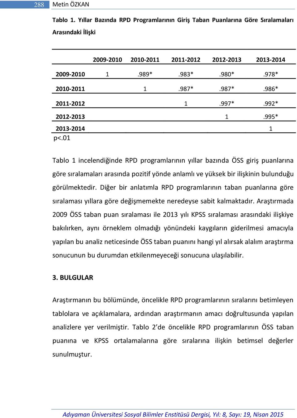 01 Tablo 1 incelendiğinde RPD programlarının yıllar bazında ÖSS giriş puanlarına göre sıralamaları arasında pozitif yönde anlamlı ve yüksek bir ilişkinin bulunduğu görülmektedir.