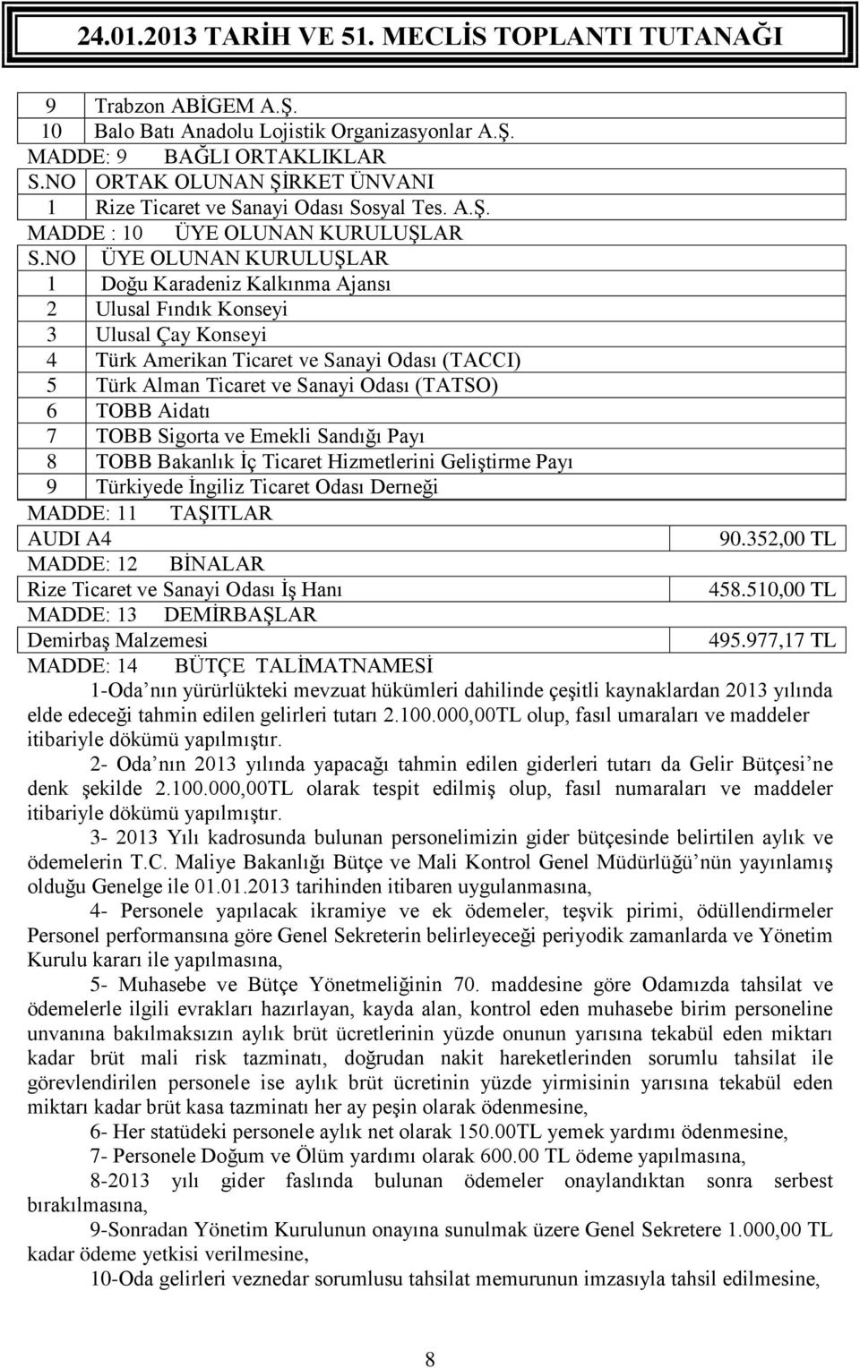 TOBB Aidatı 7 TOBB Sigorta ve Emekli Sandığı Payı 8 TOBB Bakanlık İç Ticaret Hizmetlerini Geliştirme Payı 9 Türkiyede İngiliz Ticaret Odası Derneği MADDE: 11 TAŞITLAR AUDI A4 90.