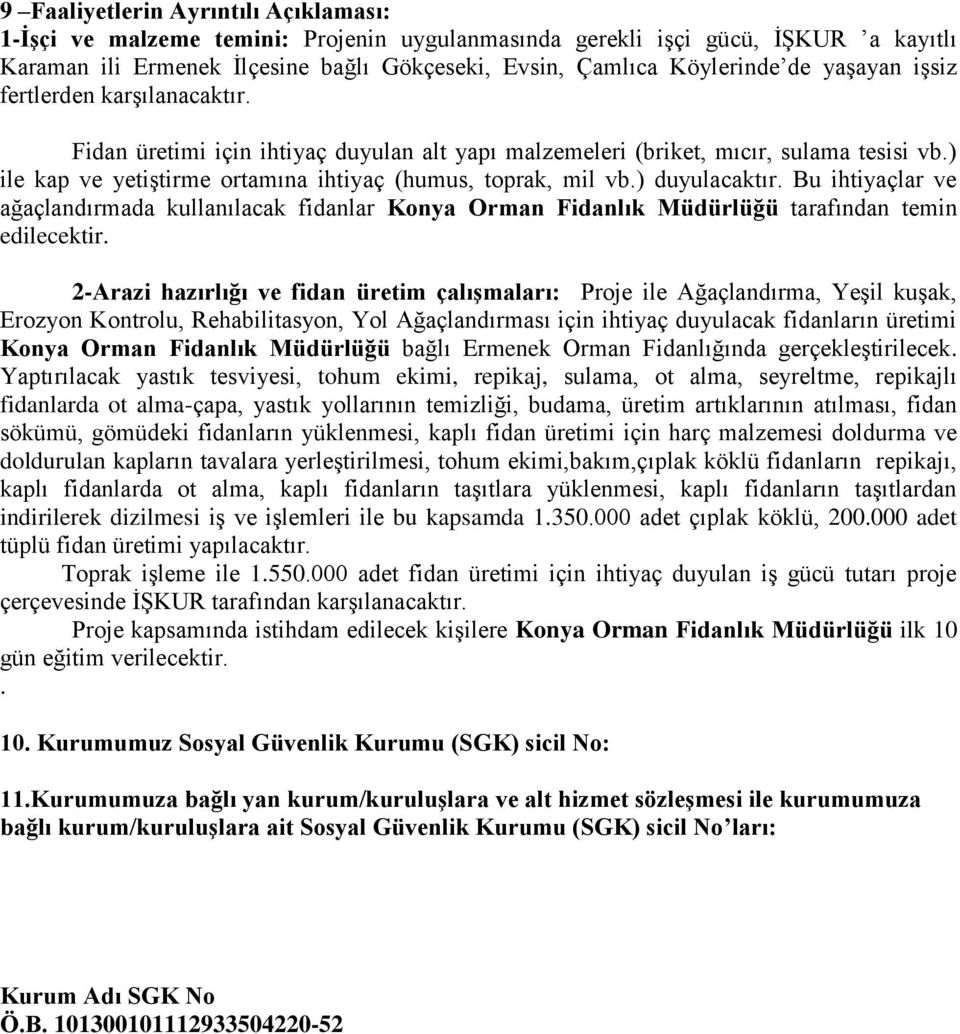 ) duyulacaktır. Bu ihtiyaçlar ve ağaçlandırmada kullanılacak fidanlar Konya Orman Fidanlık Müdürlüğü tarafından temin edilecektir.