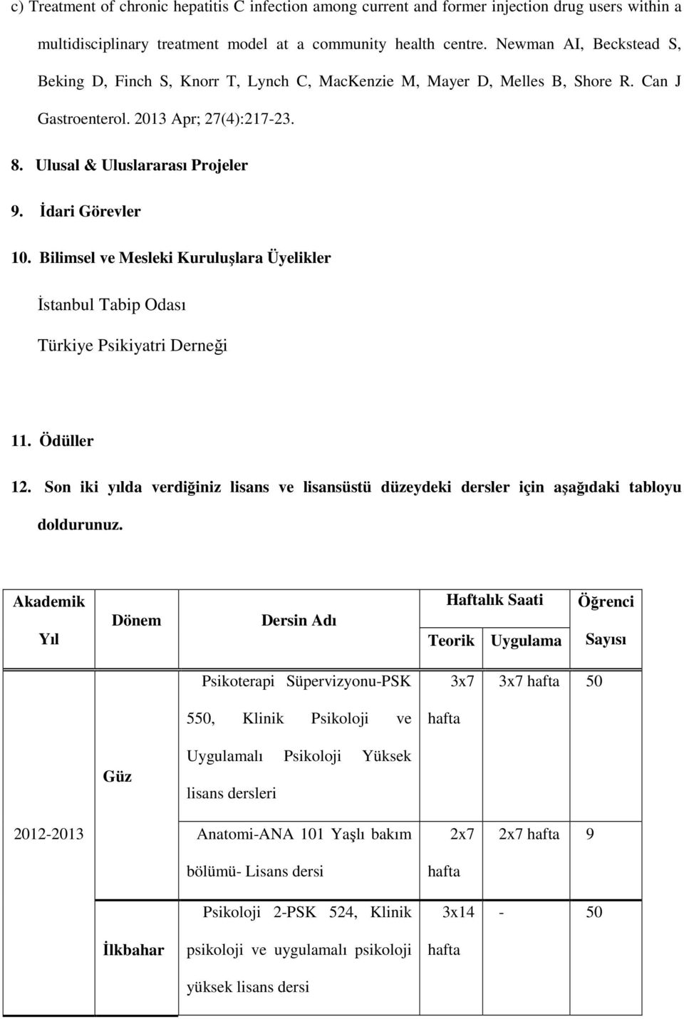 İdari Görevler 10. Bilimsel ve Mesleki Kuruluşlara Üyelikler İstanbul Tabip Odası Türkiye Psikiyatri Derneği 11. Ödüller 12.