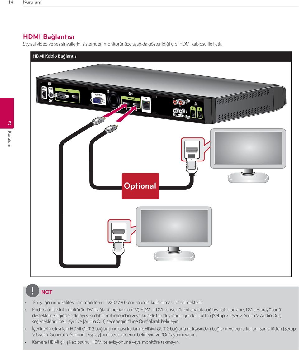 Kodeks ünitesini monitörün DVI bağlantı noktasına (TV) HDMI DVI konvertör kullanarak bağlayacak olursanız, DVI ses arayüzünü desteklemediğinden dolayı sesi dâhili mikrofondan veya kulaklıktan