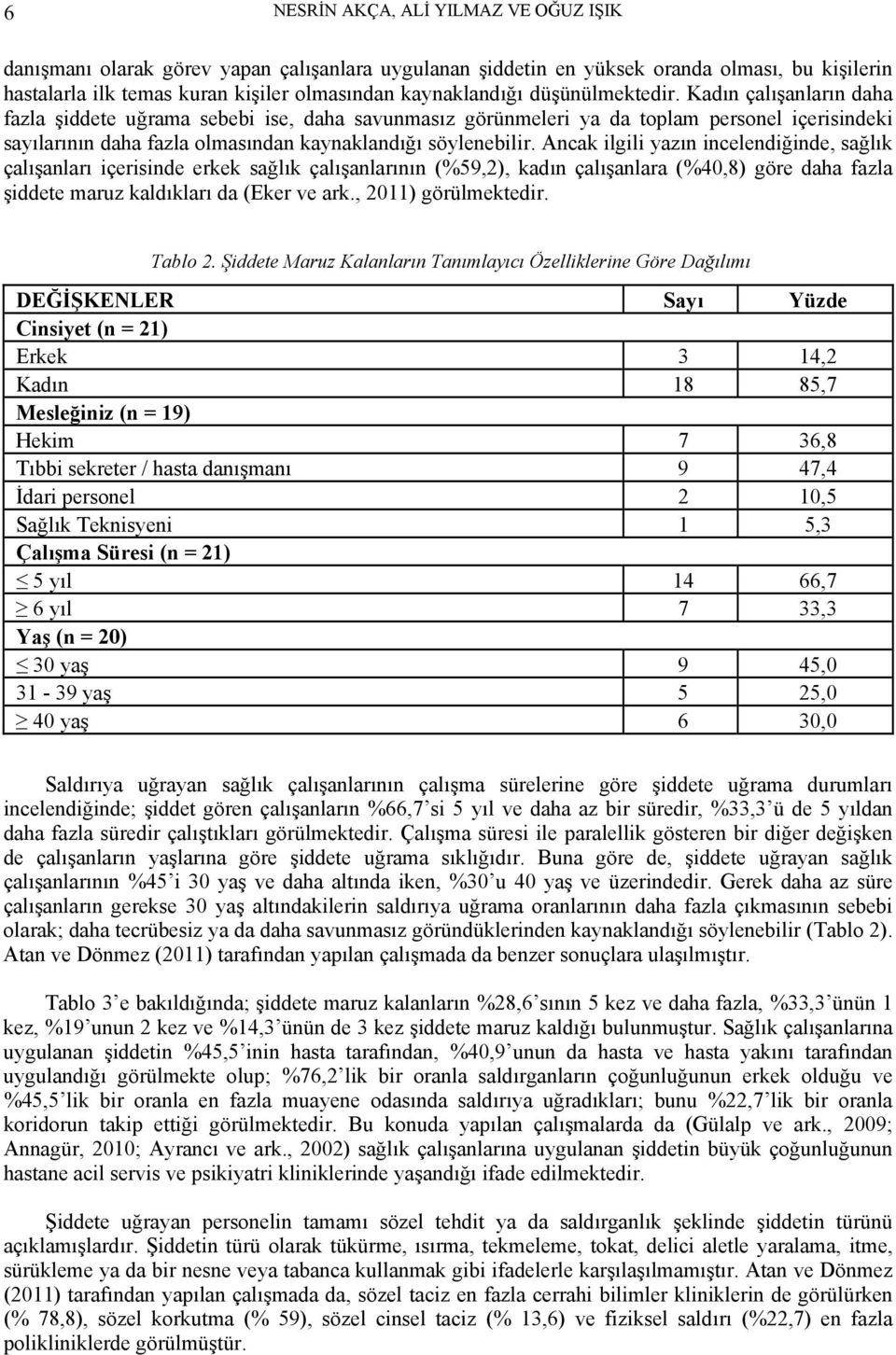 Ancak ilgili yazın incelendiğinde, sağlık çalışanları içerisinde erkek sağlık çalışanlarının (%59,2), kadın çalışanlara (%40,8) göre daha fazla şiddete maruz kaldıkları da (Eker ve ark.