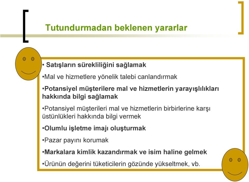 ve hizmetlerin birbirlerine karşı üstünlükleri hakkında bilgi vermek Olumlu işletme imajı oluşturmak Pazar