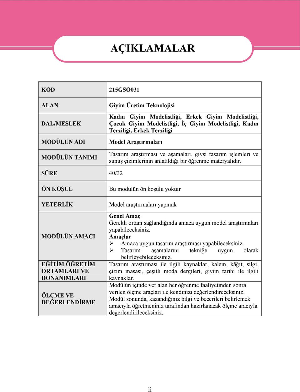 SÜRE 40/32 ÖN KOŞUL YETERLİK MODÜLÜN AMACI EĞİTİM ÖĞRETİM ORTAMLARI VE DONANIMLARI ÖLÇME VE DEĞERLENDİRME Bu modülün ön koşulu yoktur Model araştırmaları yapmak Genel Amaç Gerekli ortam sağlandığında