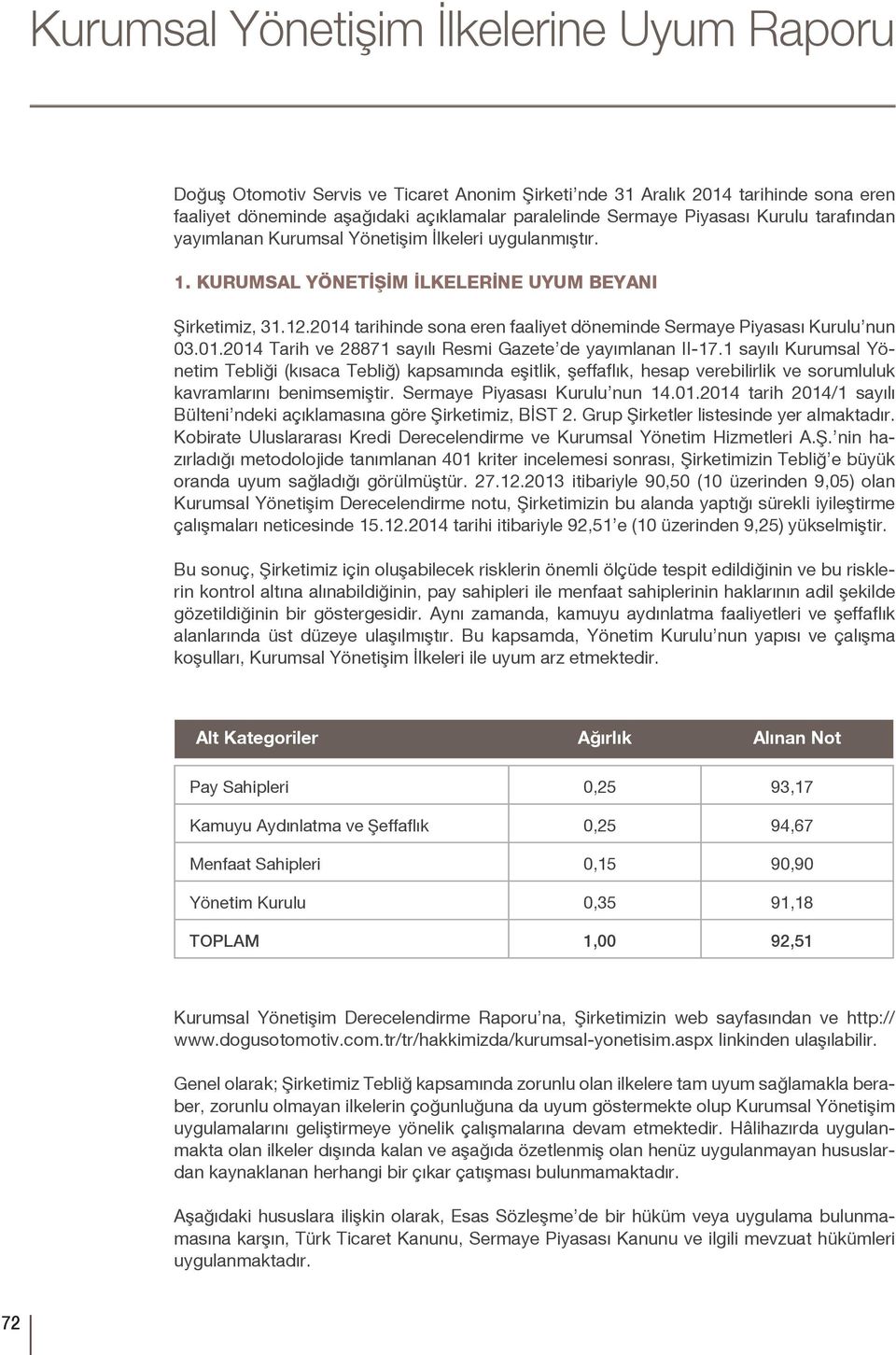 2014 tarihinde sona eren faaliyet döneminde Sermaye Piyasası Kurulu nun 03.01.2014 Tarih ve 28871 sayılı Resmi Gazete de yayımlanan II-17.