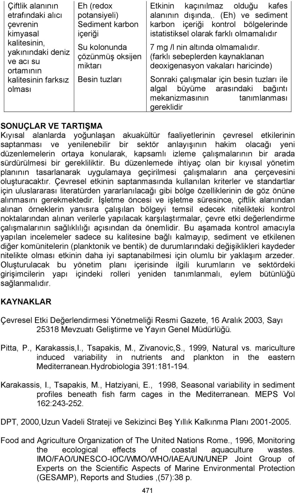 (Eh) ve sediment karbon içeriği kontrol bölgelerinde istatistiksel olarak farklı olmamalıdır 7 mg /l nin altında olmamalıdır.