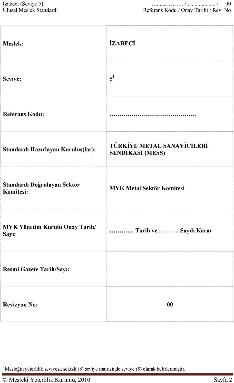 Komitesi: MYK Metal Sektör Komitesi MYK Yönetim Kurulu Onay Tarih/ Sayı: Tarih ve.