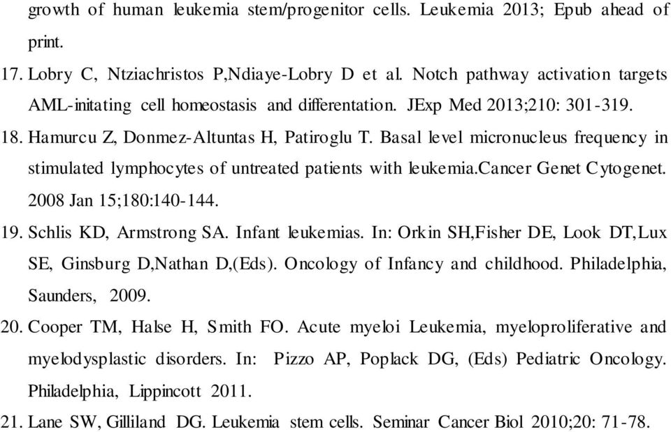 Basal level micronucleus frequency in stimulated lymphocytes of untreated patients with leukemia.cancer Genet Cytogenet. 2008 Jan 15;180:140-144. 19. Schlis KD, Armstrong SA. Infant leukemias.