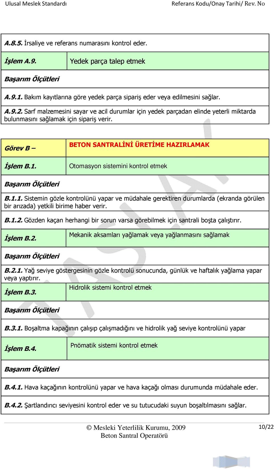 Otomasyon sistemini kontrol etmek B.1.1. Sistemin gözle kontrolünü yapar ve müdahale gerektiren durumlarda (ekranda görülen bir arızada) yetkili birime haber verir. B.1.2.