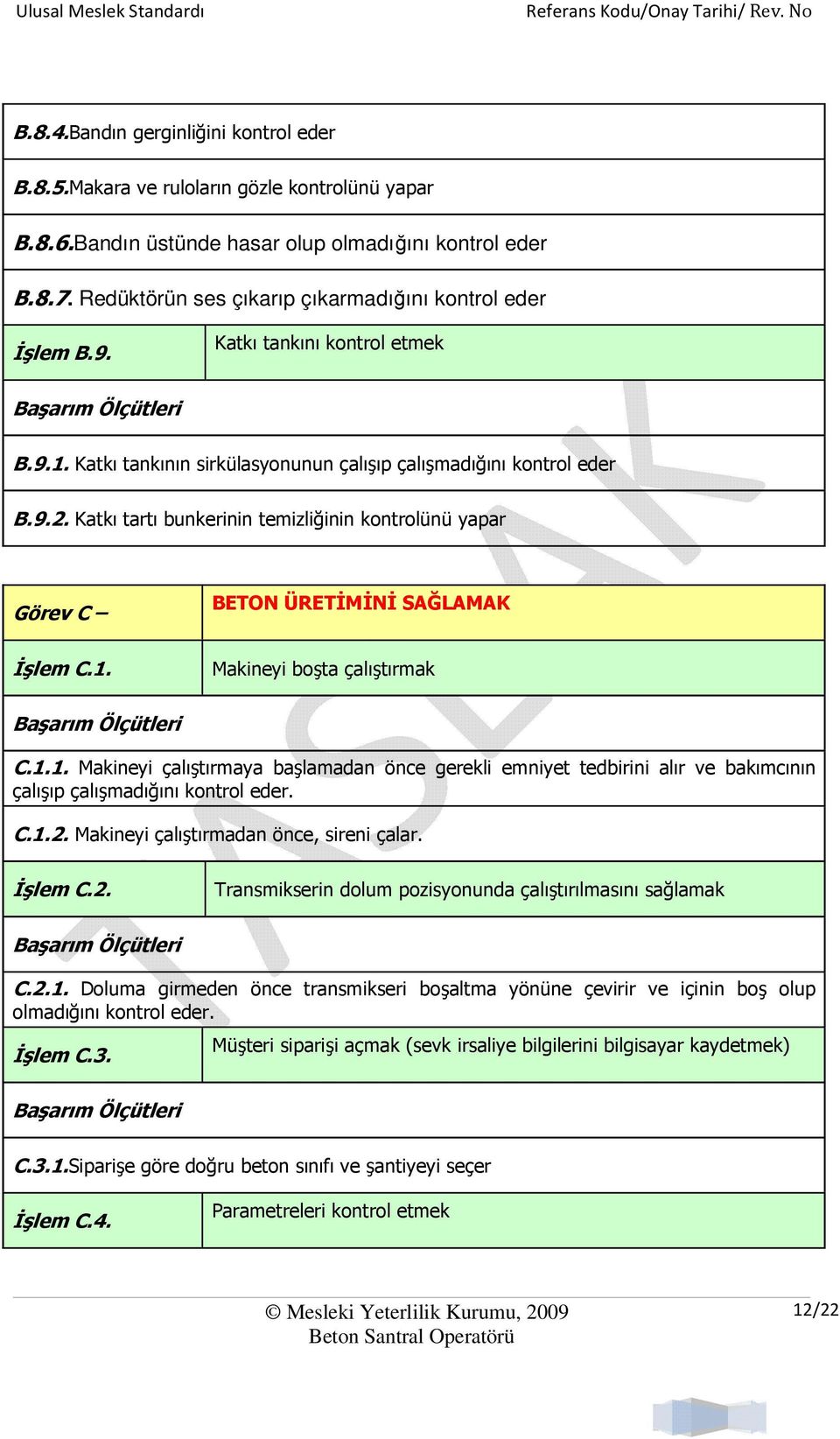 Katkı tartı bunkerinin temizliğinin kontrolünü yapar Görev C İşlem C.1. BETON ÜRETİMİNİ SAĞLAMAK Makineyi boşta çalıştırmak C.1.1. Makineyi çalıştırmaya başlamadan önce gerekli emniyet tedbirini alır ve bakımcının çalışıp çalışmadığını kontrol eder.