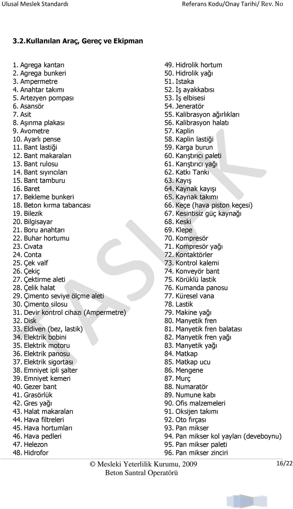 Buhar hortumu 23. Cıvata 24. Conta 25. Çek valf 26. Çekiç 27. Çektirme aleti 28. Çelik halat 29. Çimento seviye ölçme aleti 30. Çimento silosu 31. Devir kontrol cihazı (Ampermetre) 32. Disk 33.