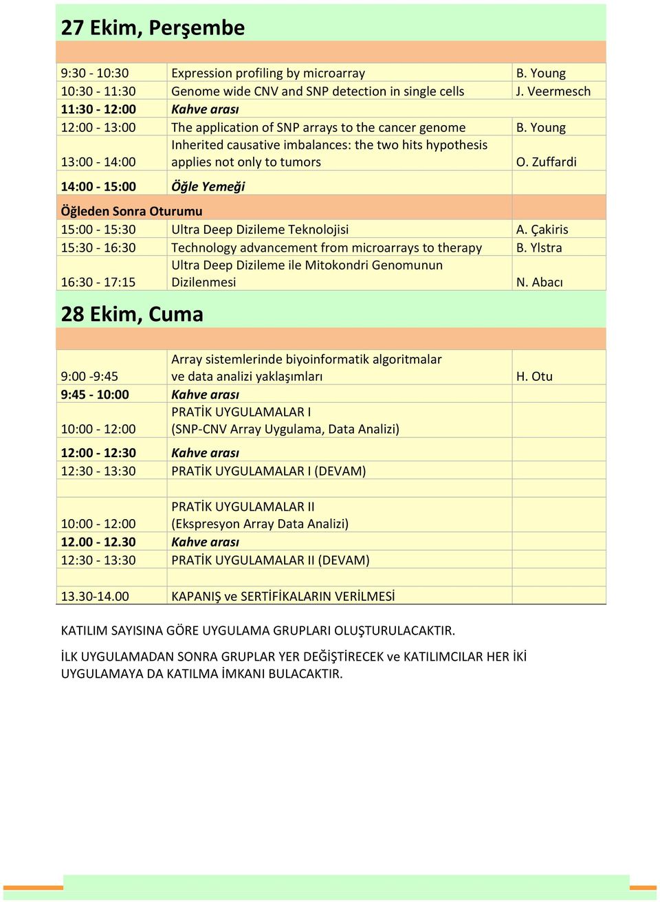 Young 13:00-14:00 Inherited causative imbalances: the two hits hypothesis applies not only to tumors O. Zuffardi 14:00-15:00 Öğle Yemeği 15:00-15:30 Ultra Deep Dizileme Teknolojisi A.