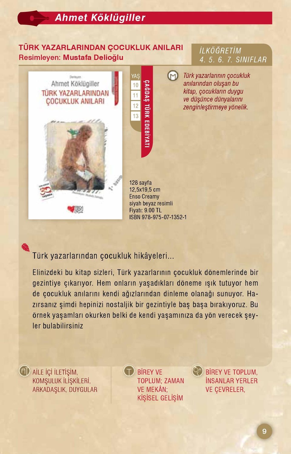 128 sayfa siyah beyaz resimli Fiyatı: 9.00 TL ISBN 978-975-07-1352-1 Türk yazarlarından çocukluk hikâyeleri.