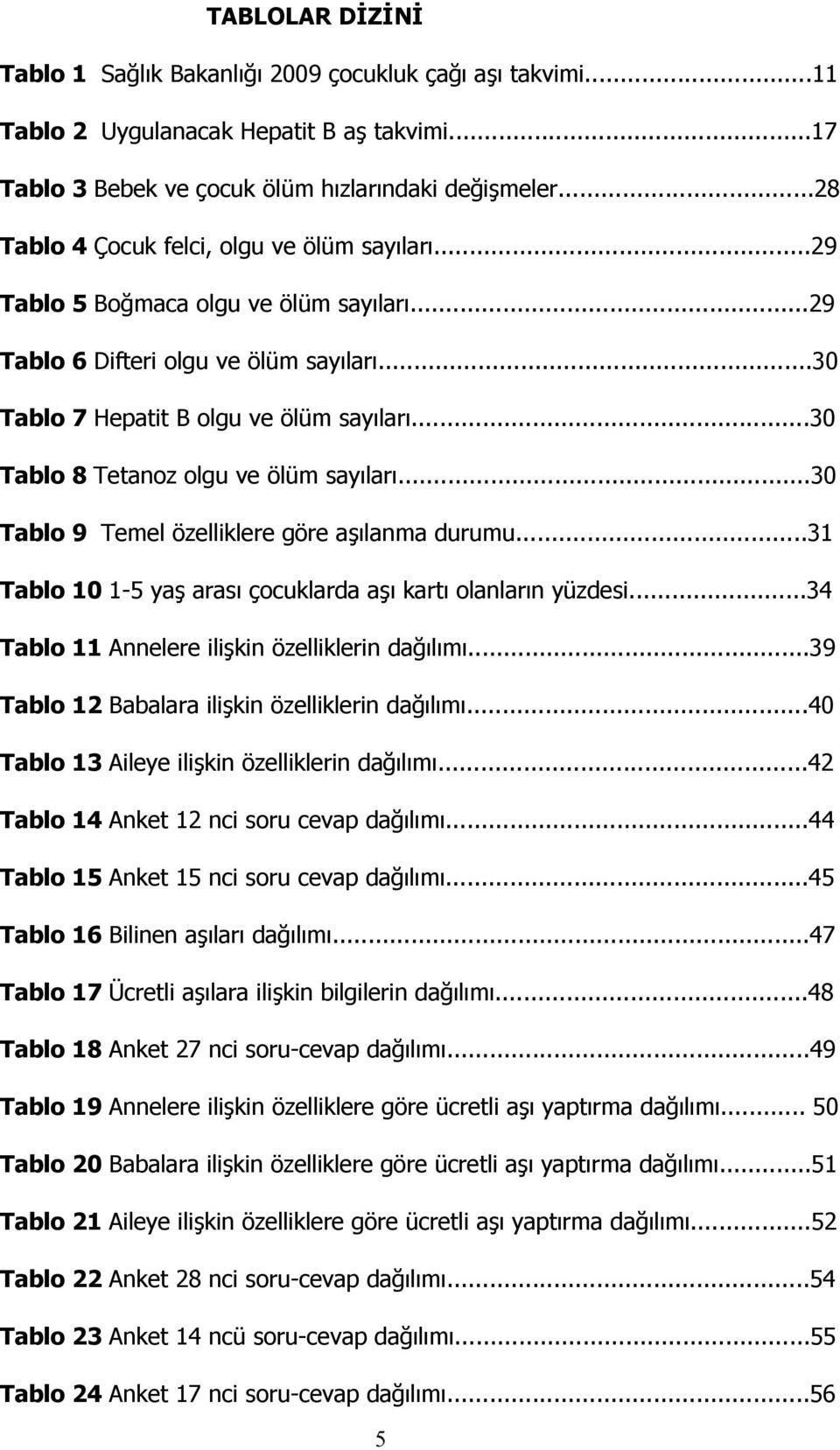 ..30 Tablo 8 Tetanoz olgu ve ölüm sayıları...30 Tablo 9 Temel özelliklere göre aşılanma durumu...31 Tablo 10 1-5 yaş arası çocuklarda aşı kartı olanların yüzdesi.